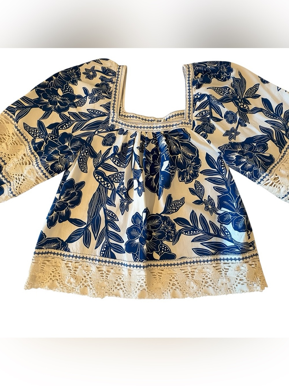 Christian Siriano Blue & White Peasant Coastal Cottagecore Lace Regencycore Sz M